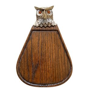 Vintage Ted Arnold LTD Owl Wood Cheese Board  Silver Metal MCM Decor Amber Eyes
